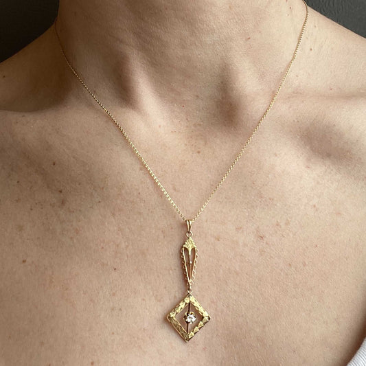 10K Gold Antique Diamond Lavalier Pendant Necklace